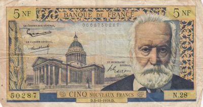 Banknote France 5 NF Victor Hugo 03 12 1959 Serial N 28