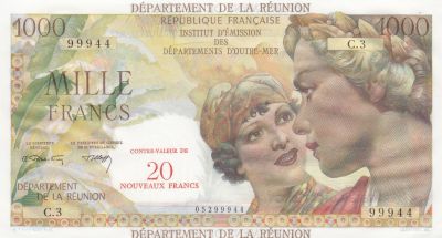 Billet Réunion 20 NF 1000 Francs Union Française Surchargé 1967