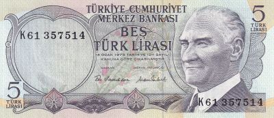 Billet Turquie 5 Turk Lirasi Pdt Ataturk ND 1976 Série K P 185