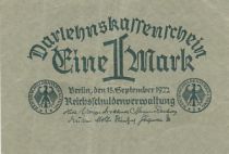 Allemagne 1 Mark - Darlehens-Kassenschein - 1922 - Papier vert