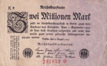 Allemagne 2 Millionen Mark - Blanc & Rose - 09-03-1923 - Série K9 201859 *