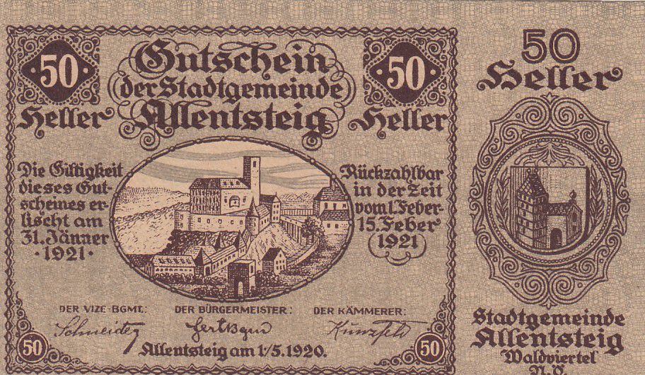 Banknote Austria 50 Heller Allentsteig 1920