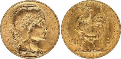 Coin France 20 Francs, Marian - Rooster 1911 - Gold