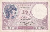 France  5 Francs - Modified helmeted woman - 17.08.1939 - Serial D.60933