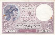 France  5 Francs Modified helmeted woman - 02.11.1939 - Serial G.65