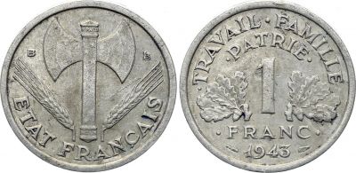 Coin France 1 Franc Etat Francais 1943B