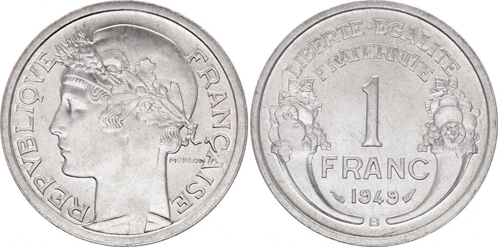 Coin France 1 Franc Laureate head  1949 B  FDC