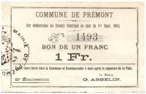 France 1 Franc Premont Commune - 1915