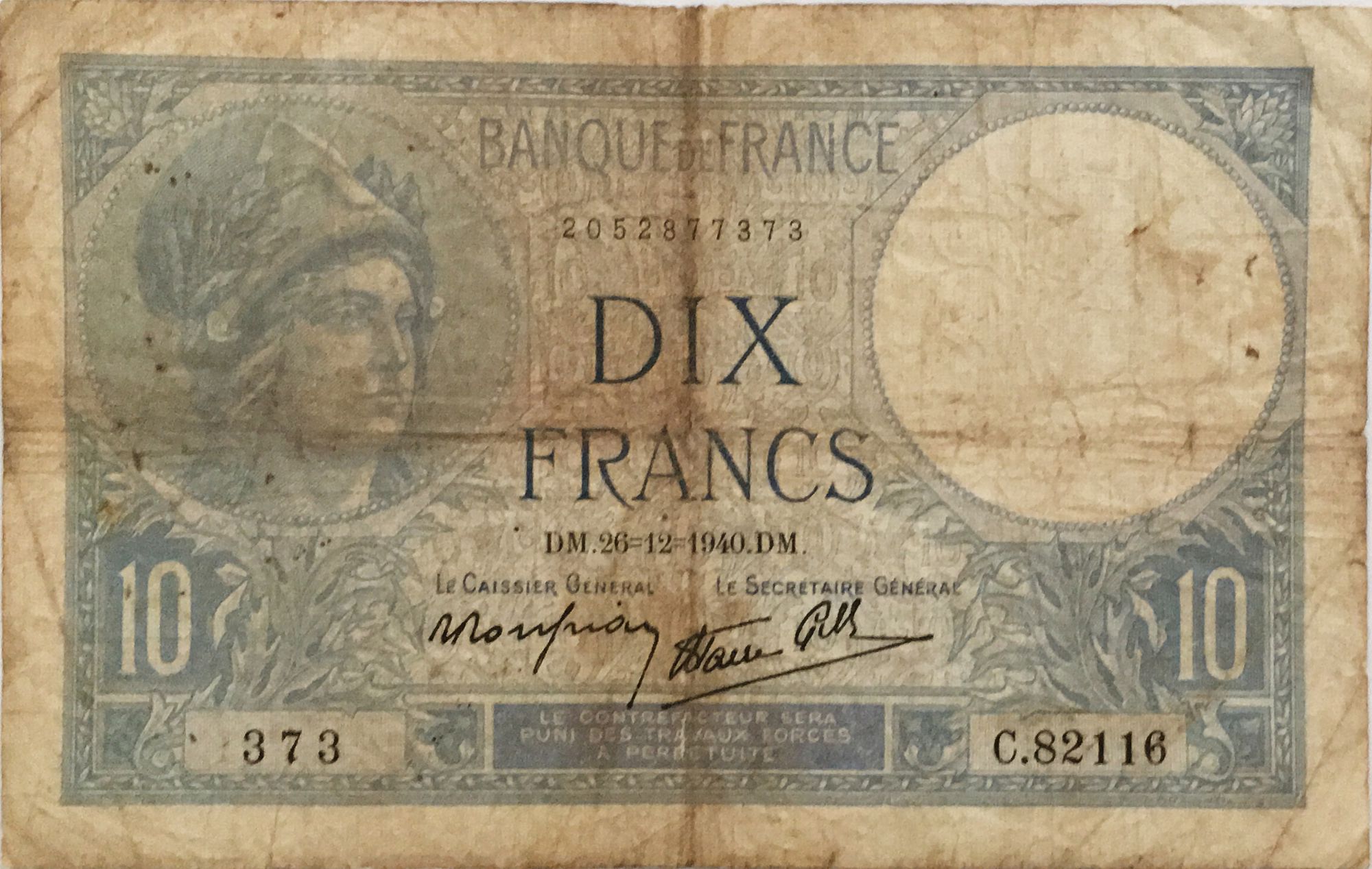 billet-france-10-francs-minerve-26-12-1940-s-rie-c-82116-tb