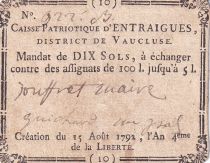 France 10 sols - Caisse patriotique d\'Entraigues, District de Vaucluse - 1792 - n°922