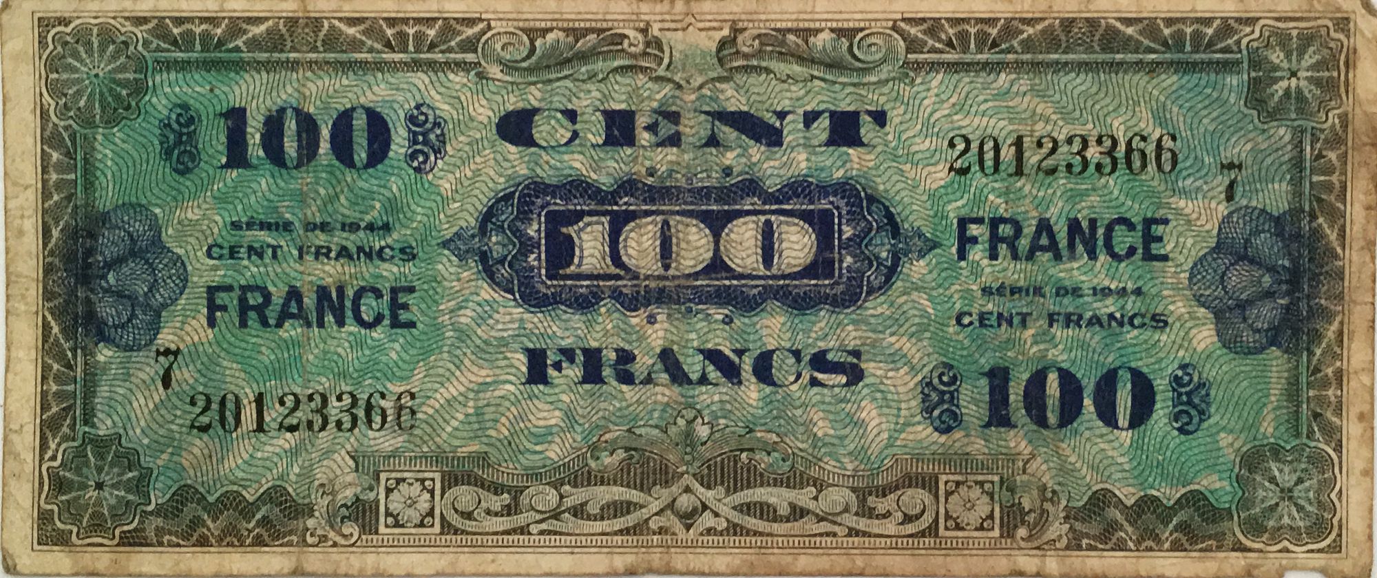 Banknote France 100 Francs Allied Military Currency - 1944 - Serial 7 - F