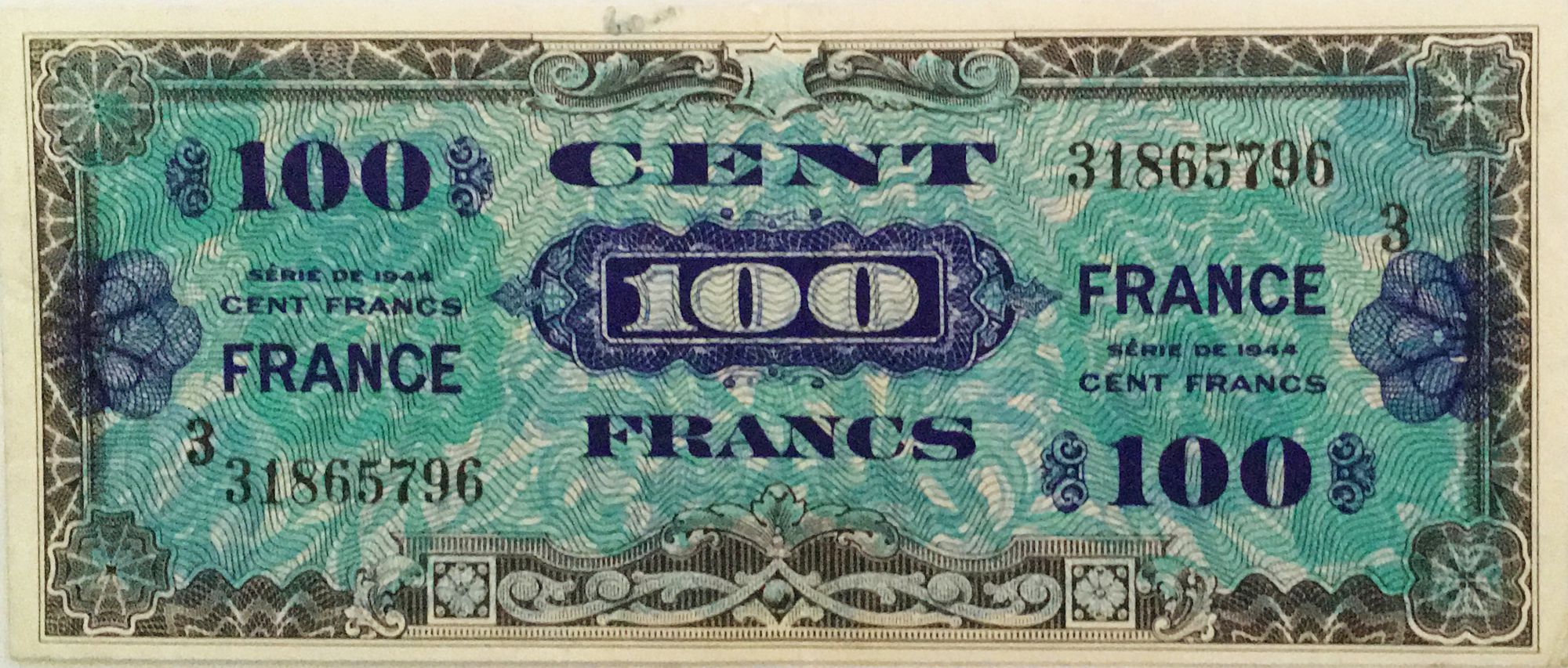 Banknote France 100 Francs Allied Military Currency - 1945 Serial 3 - VF