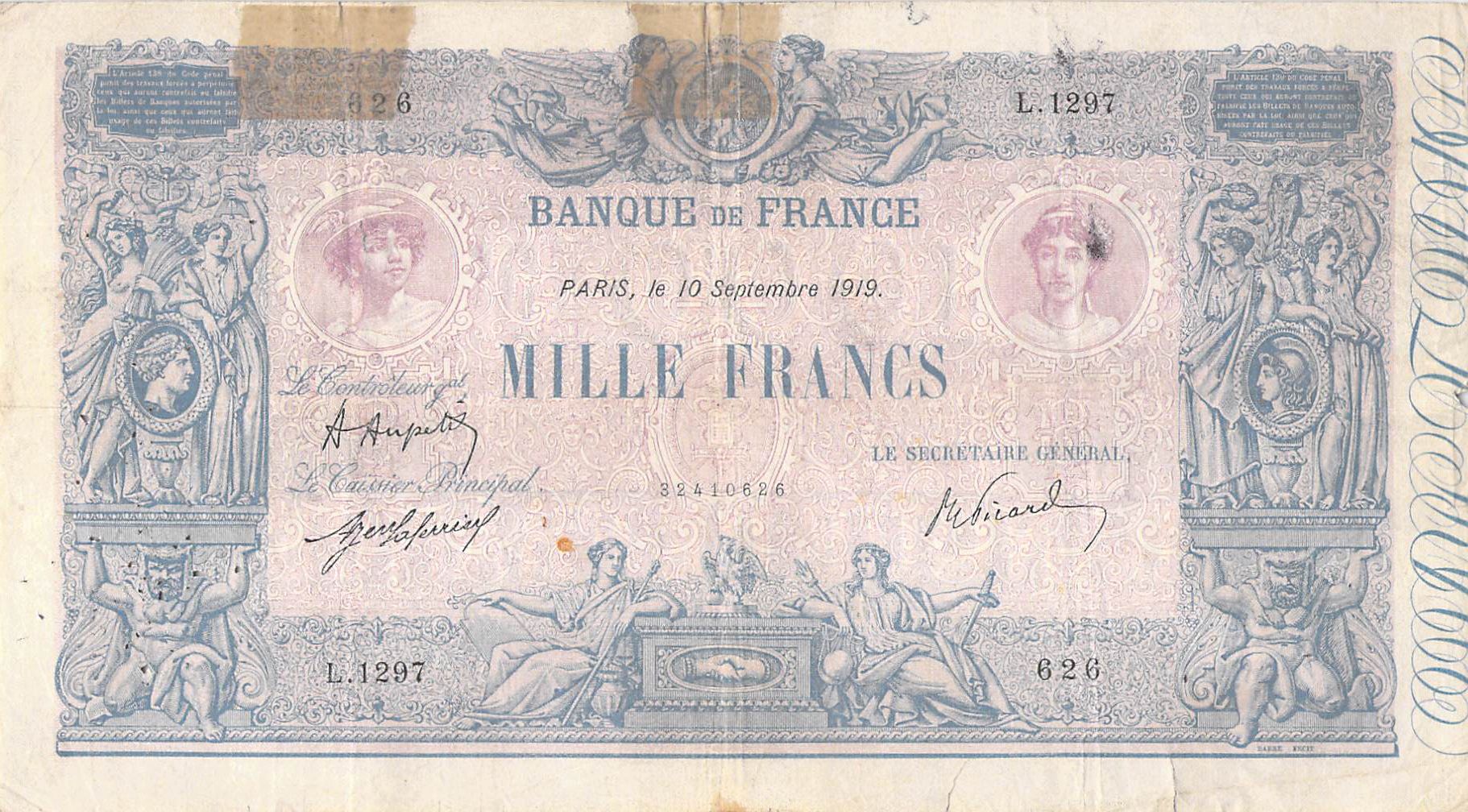 Billet France 1000 Francs Rose Et Bleu - 10-09-1919 - Série L.1297 - B