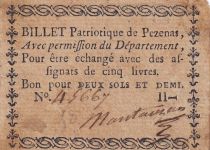 France 2 Sols et Demi - Herault - Billet Patriotique de Pezenas - 1792