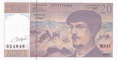 France 20 Francs - Debussy - Sign Vigier - 1995 - Serial W.047 - P.151