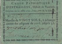 France 20 sols - Caisse patriotique d\'Entraigues, District de Vaucluse - 1792 - n°854