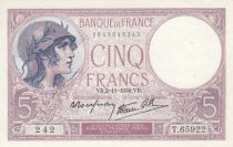 France 5 Francs - Purple - 02-11-1939  - Serial T.65922