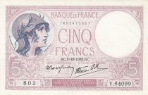 France 5 Francs - Purple - 05-10-1939 - Serial V.64099