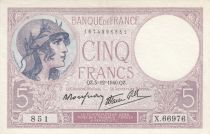 France 5 Francs - Purple - 05-12-1940 - Serial X.66976