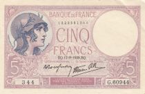 France 5 Francs - Purple - 17-08-1939 - Serial Série G.60944