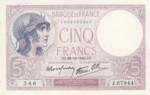 France 5 Francs - Purple - 26-12-1940 - Serial J.67944