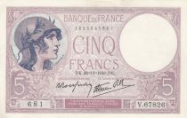 France 5 Francs - Purple - 26-12-1940 - Serial V.67826