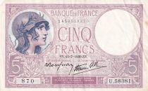 France 5 Francs - Violet - 13-07-1939 - Serial U.58381