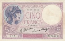 France 5 Francs 07-08-1927 Serial N.29549 - VF to XF