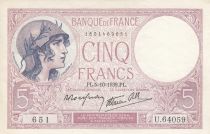 France 5 Francs Helmeted woman 05-10-1940 Serial U.64059