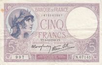 France 5 Francs Helmeted woman 05-12-1940 Serial N.67