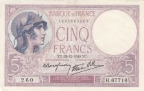 France 5 Francs Helmeted woman 12-12-1940 Serial H.67716