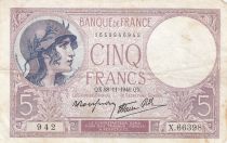 France 5 Francs Helmeted woman 28-11-1940 Serial X.66