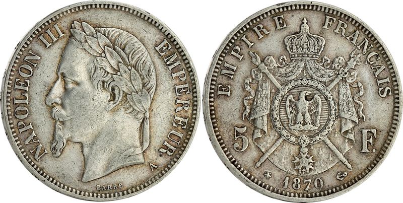 Valeur Pièce 5 Francs Napoléon 3 1870 Pièce France 5 Francs Napoléon III - Tête laurée 1870 A Paris - Argent