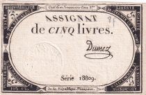 France 5 Livres - 10 Brumaire An II (31.10.1793) - Sign. Dumez - Série 18809