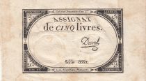 France 5 Livres - 10 Brumaire An II (31.10.1793) - Sign. Duval - Serial 8662