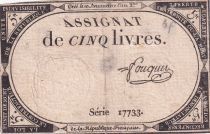 France 5 Livres - 10 Brumaire An II (31.10.1793) - Sign. Fouquet  - Série 17733