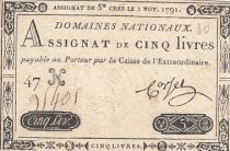 France 5 Livres - 1er Novembre 1791 - Sign. Corsel - Série 47H