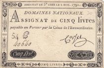 France 5 Livres - 1er Novembre 1791 - Sign. Corsel - Série 54G