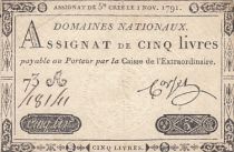 France 5 Livres - 1er Novembre 1791 - Sign. Corsel - Série 73A