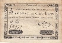 France 5 Livres - 28-09-1791 - Sign. Corsel - Serial 28D