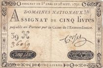 France 5 Livres - 28 Septembre 1791 - Sign. Corsel - Série 39H