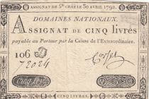 France 5 Livres - 30 Avril 1792 - Sign. Corsel - Série 106D