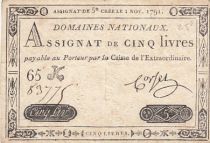 France 5 Pounds - 01-11-1791 - Sign. Corsel - Serial 65K