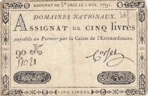 France 5 Pounds - 01-11-1791 - Sign. Corsel - Serial 90K