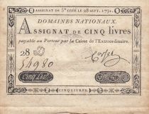 France 5 Pounds - 28-09-1791 - Sign. Corsel - Serial 28D