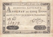 France 5 Pounds - 28-09-1791 - Sign. Corsel - Serial 28D