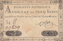 France 5 Pounds - 28-09-1791 - Sign. Corsel - Serial 34J