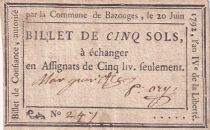 France 5 Sols - Sarthe - Municipalité de Bazouges - 20-06-1792 - Rare