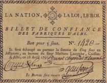 France 5 Sous - Billet de confiance - 1791 - Fabriques d\'Albi n°1420