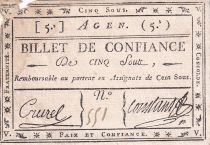 France 5 Sous - Billet de Confiance - Lot et Garonne - Agen - 1792